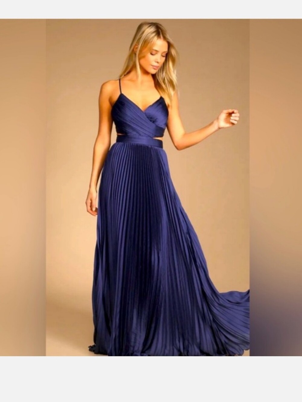 Lulu's Midnight Blue Pleated Spaghetti-Strap Maxi Dress